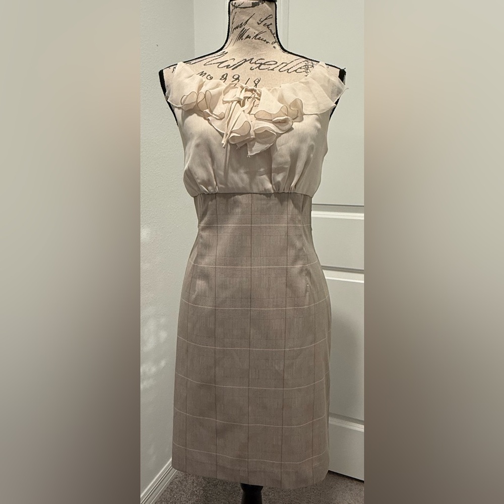 Vintage NWOT Rampage Cream Plaid Sleeveless Midi Dress with Ruffle V-Neckline